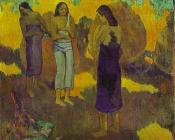 保罗 高更 : Three Tahitian Women against a Yellow Background
